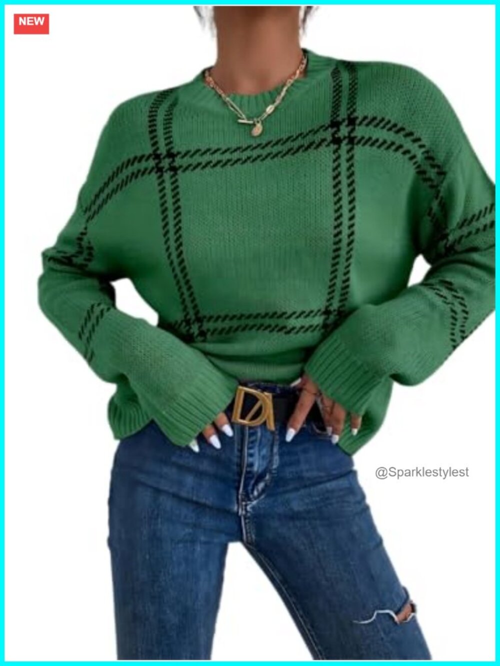 Women's Plaid Crew Neck Pullover Knit Sweater Long Sleeve Cozy Fall Winter